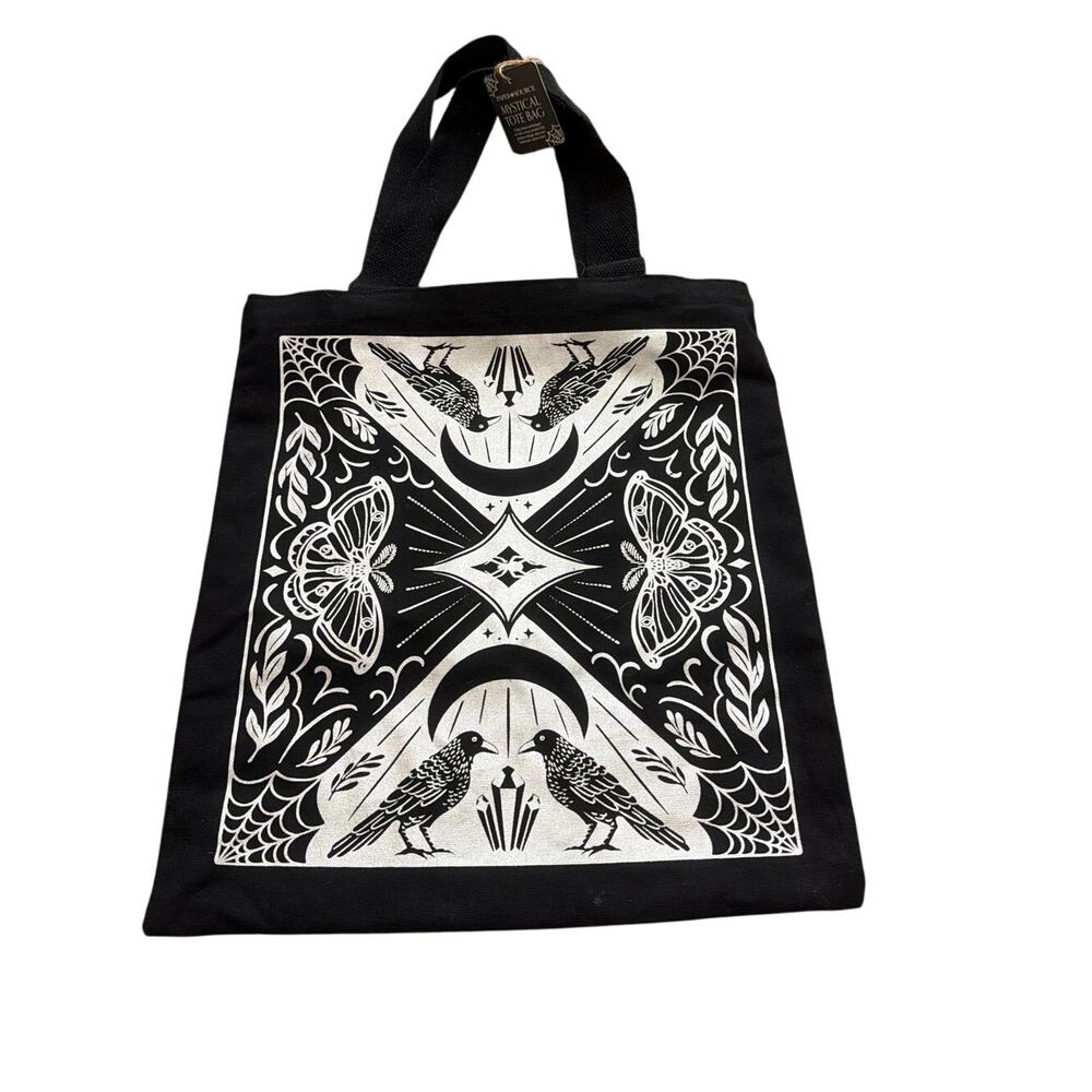 B&N Mystical Canvas Tote Bag Raven Moth Moon Spiderweb Gothic Witchy Book NEW